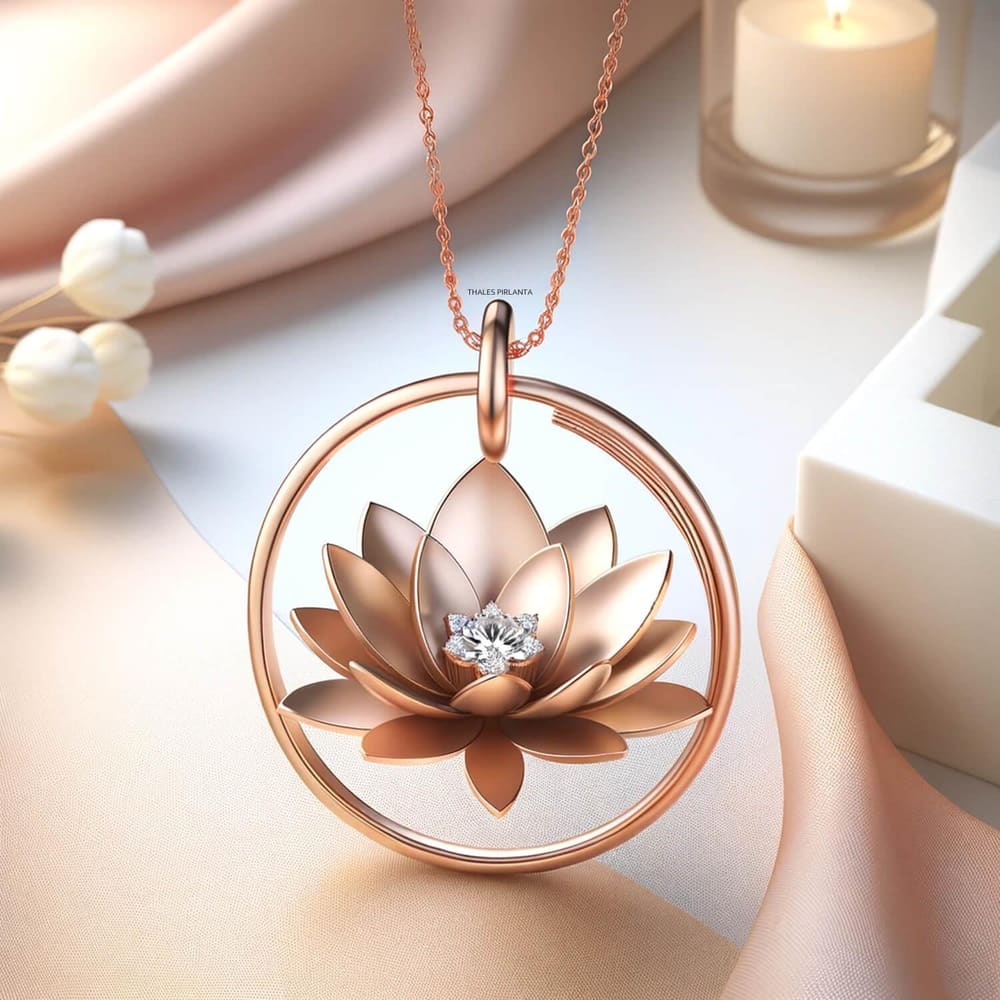 Pırlantalı Lotus Çiçeği Tasarım Kolye