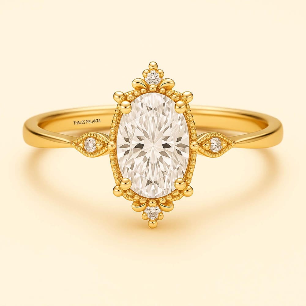 0.75 Karat F Renk Oval Vintage Evlilik Yüzüğü